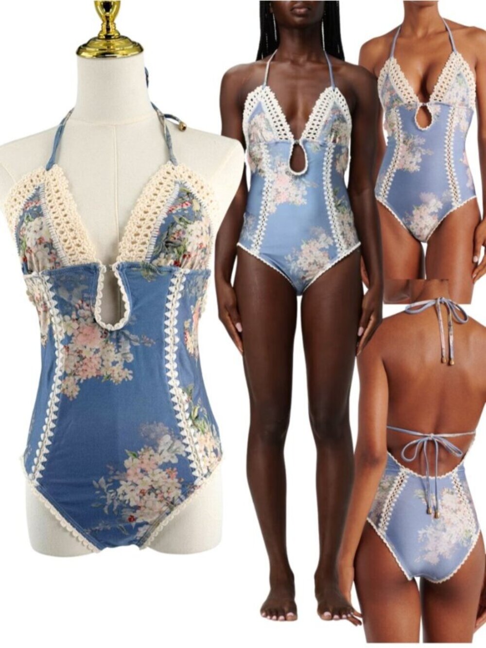 🆕 ZIMMERMANN 🧿 NWT Cascadian Crochet Keyhole Cutout Swimsuit, Blue - Sz 3 US10
